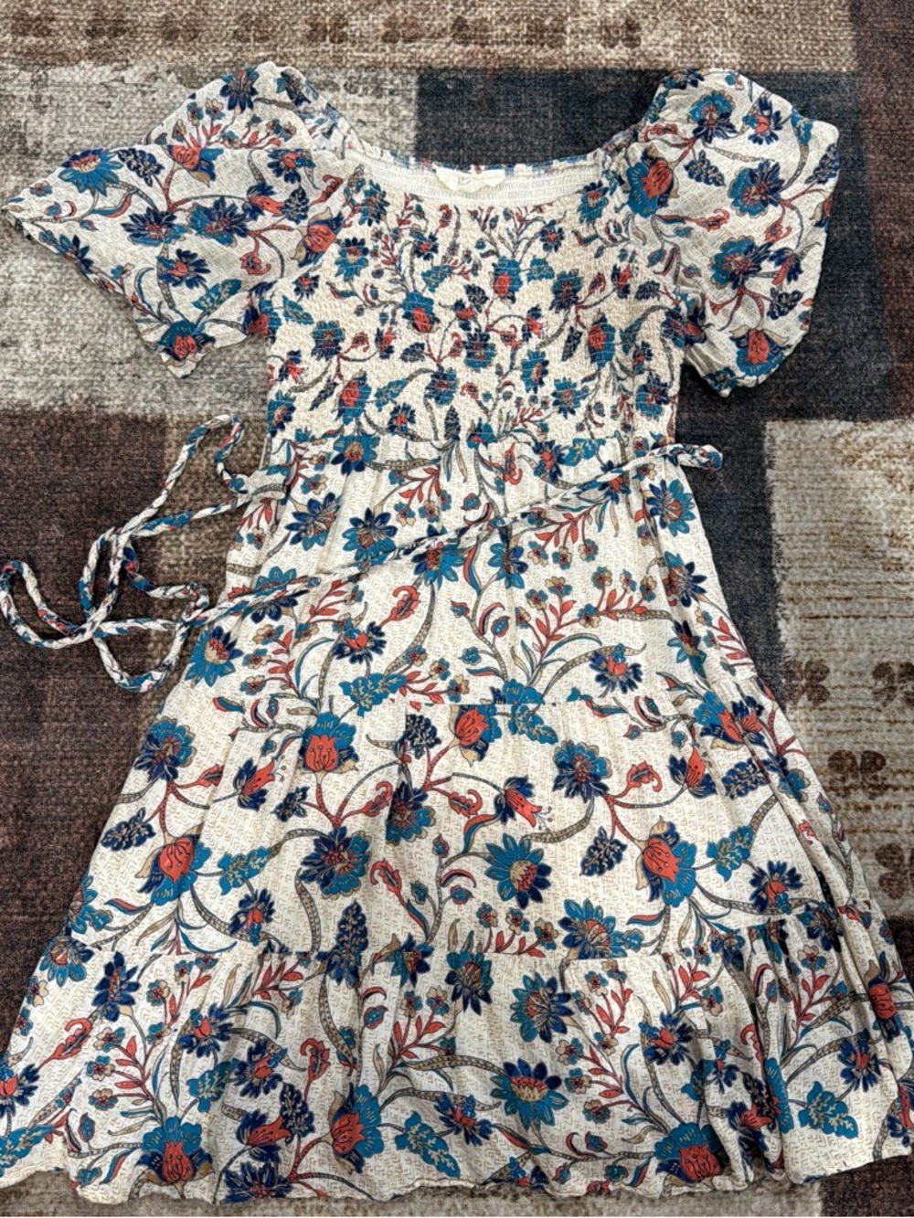 Women Floral Smocked Waist Cream Dress with Blue & Coral Flowers